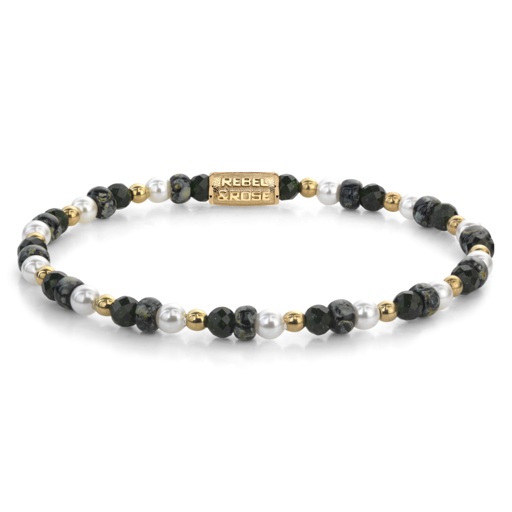 Bracciale da donna con perline nere, bianche e dorate, di 4 mm di diametro.