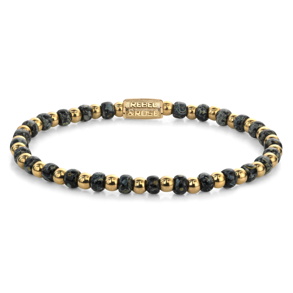 Bracciale da donna con perle di vetro nere leopardate e sfere dorate da 4 mm.