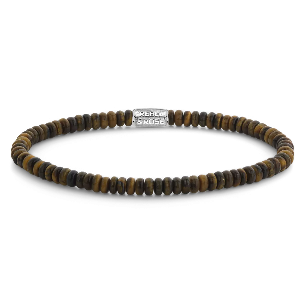 Bracciale in pietre di occhio di tigre con rondelle sfaccettate e chiusura in argento.