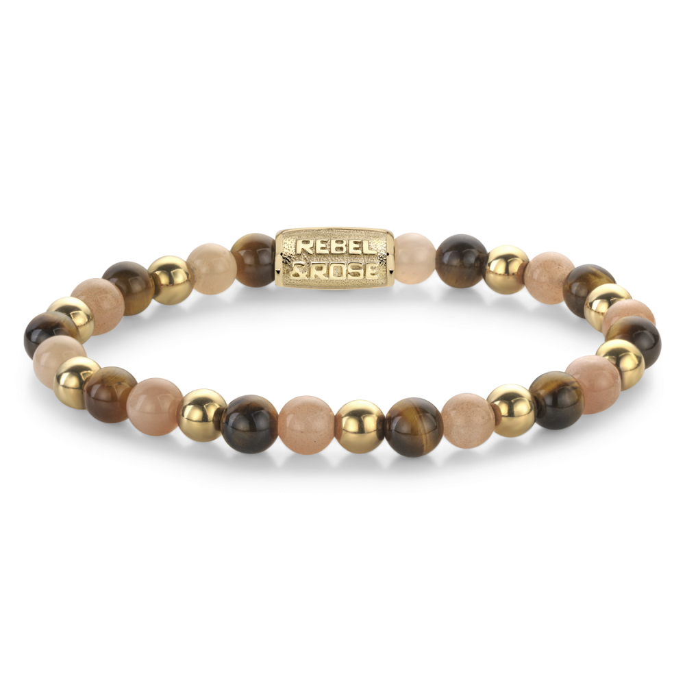 Bracciale da donna con perle di pietra in tonalità rosa e marrone, dettagli in oro giallo ionizzato.