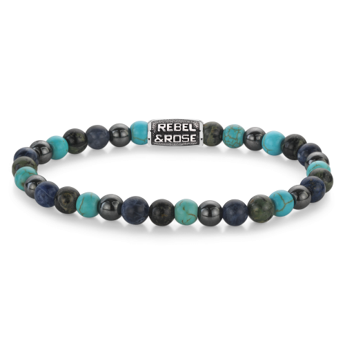 Bracciale da uomo con perline di 6 mm in turchese, blu e nero, con dettagli in metallo.