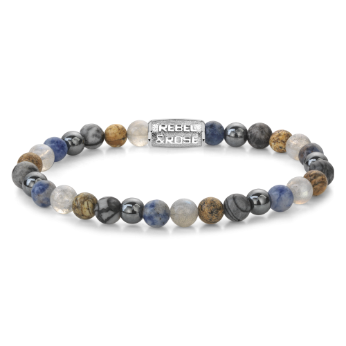 Bracciale da uomo con perle di 6 mm in pietre naturali blu, grigie e dorate, con inserto in metallo.