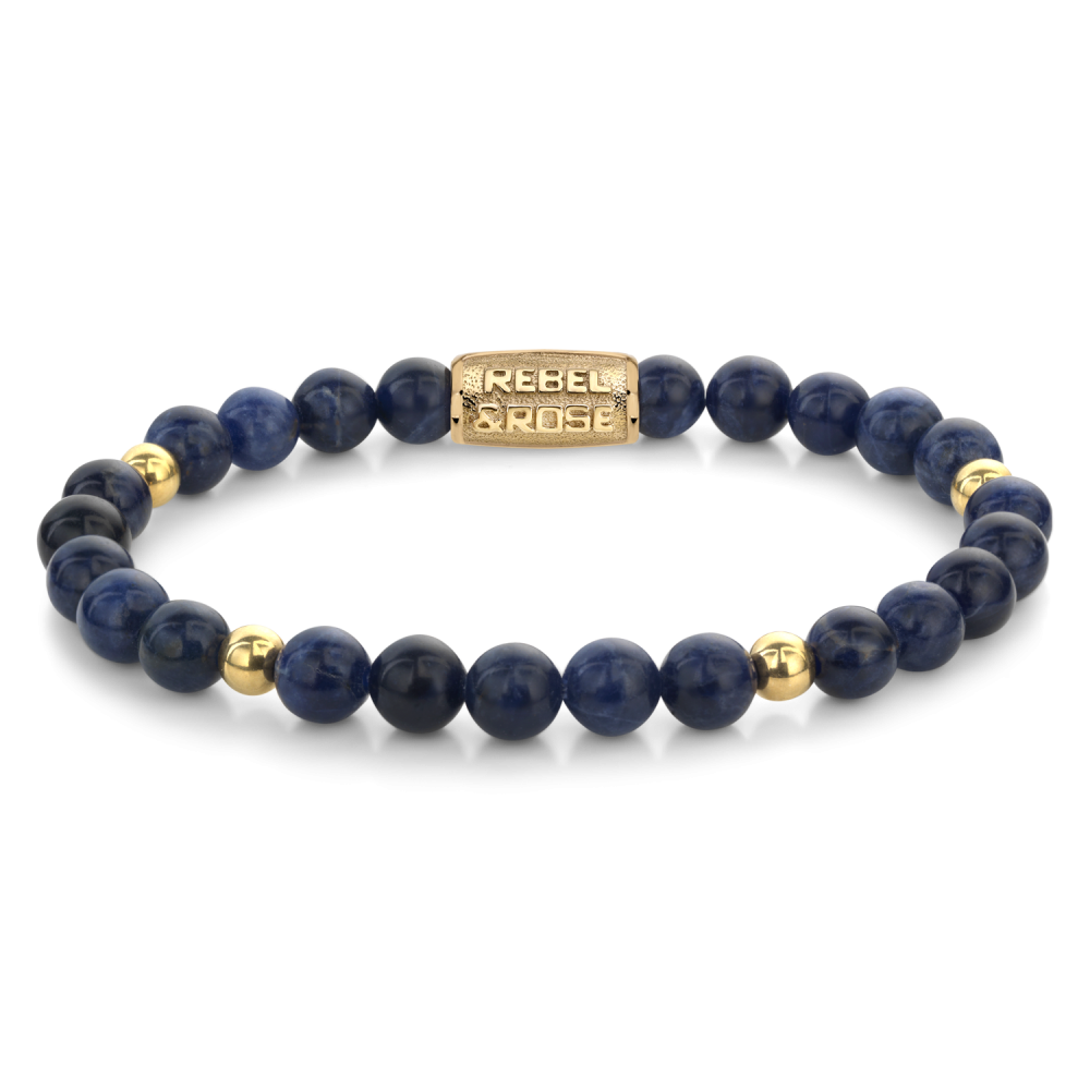 Bracciale da donna in pietre blu con dettagli in oro giallo ionizzato, largo 6 mm.