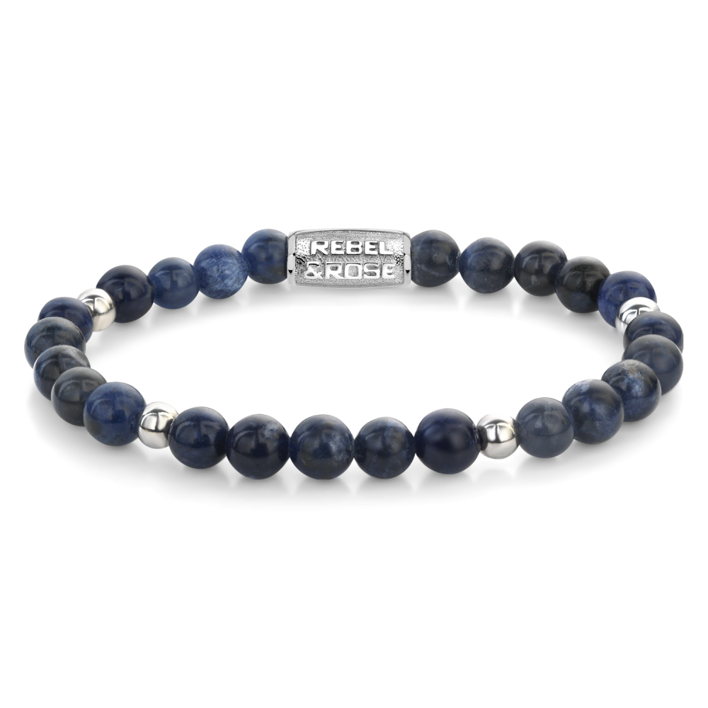 Bracciale da donna in pietre blu notte da 6 mm con dettagli in argento.