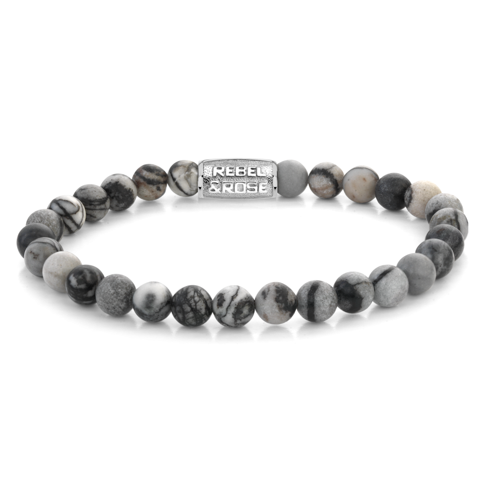 Bracciale da uomo in pietre nere e grigie, con perline di 6 mm e chiusura in metallo.