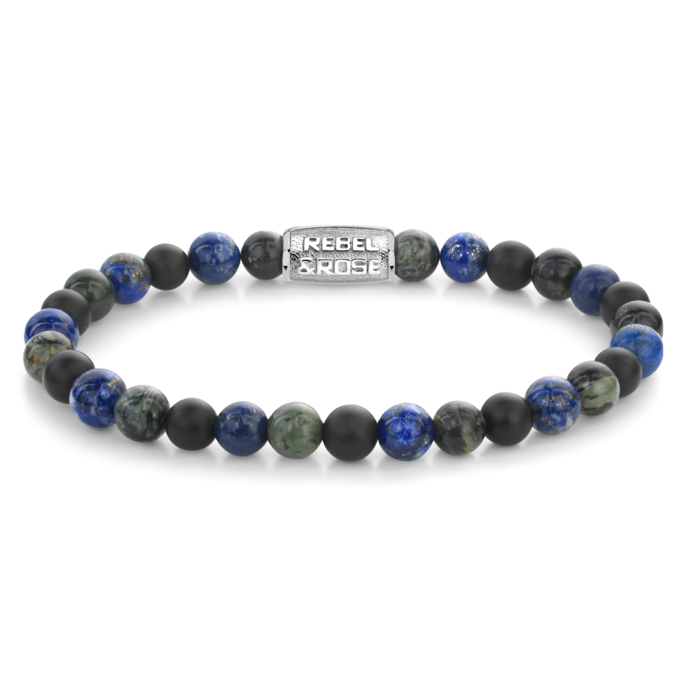 Bracciale da uomo con perline di 6 mm in pietra blu e nera, dettagli in metallo argentato.
