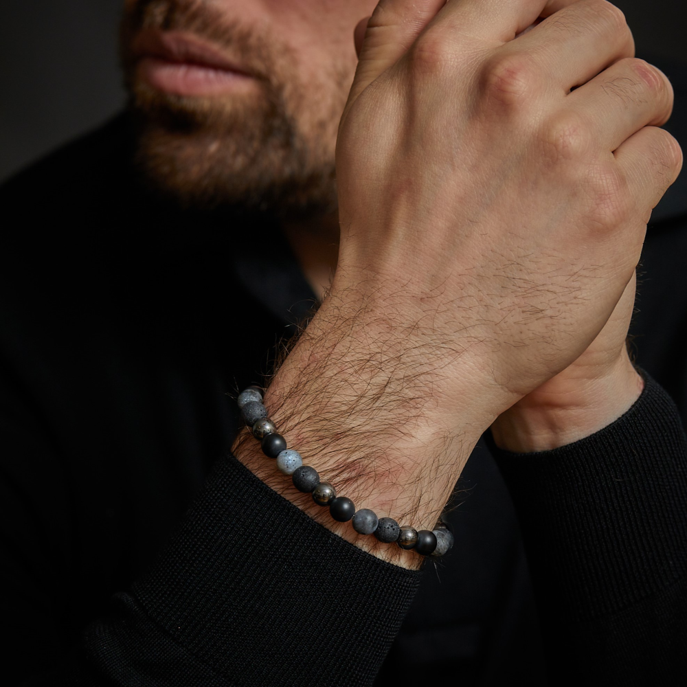Rocce Grigie Vintage - 8mm - Bracciale a Perline da Uomo