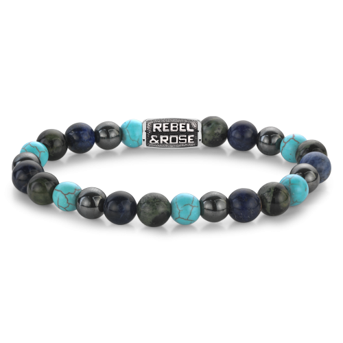 Bracciale da uomo con perle di 8 mm in turchese, onice e labradorite, con dettagli in metallo.