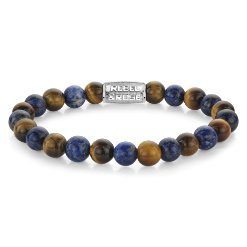 Bracciale da uomo con perle di lapislazzuli e occhio di tigre da 8 mm, chiusura in metallo.