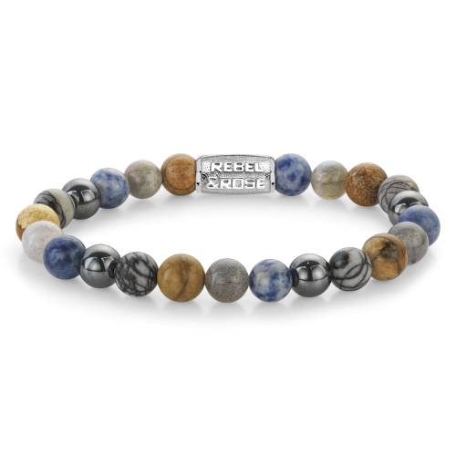 Bracciale da uomo con perle di 8 mm in diverse tonalità di blu, grigio e marrone, con dettagli in metallo.