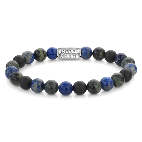 Bracciale da uomo con perline di 8 mm in pietra blu, verde e nera, con chiusura in metallo argentato.