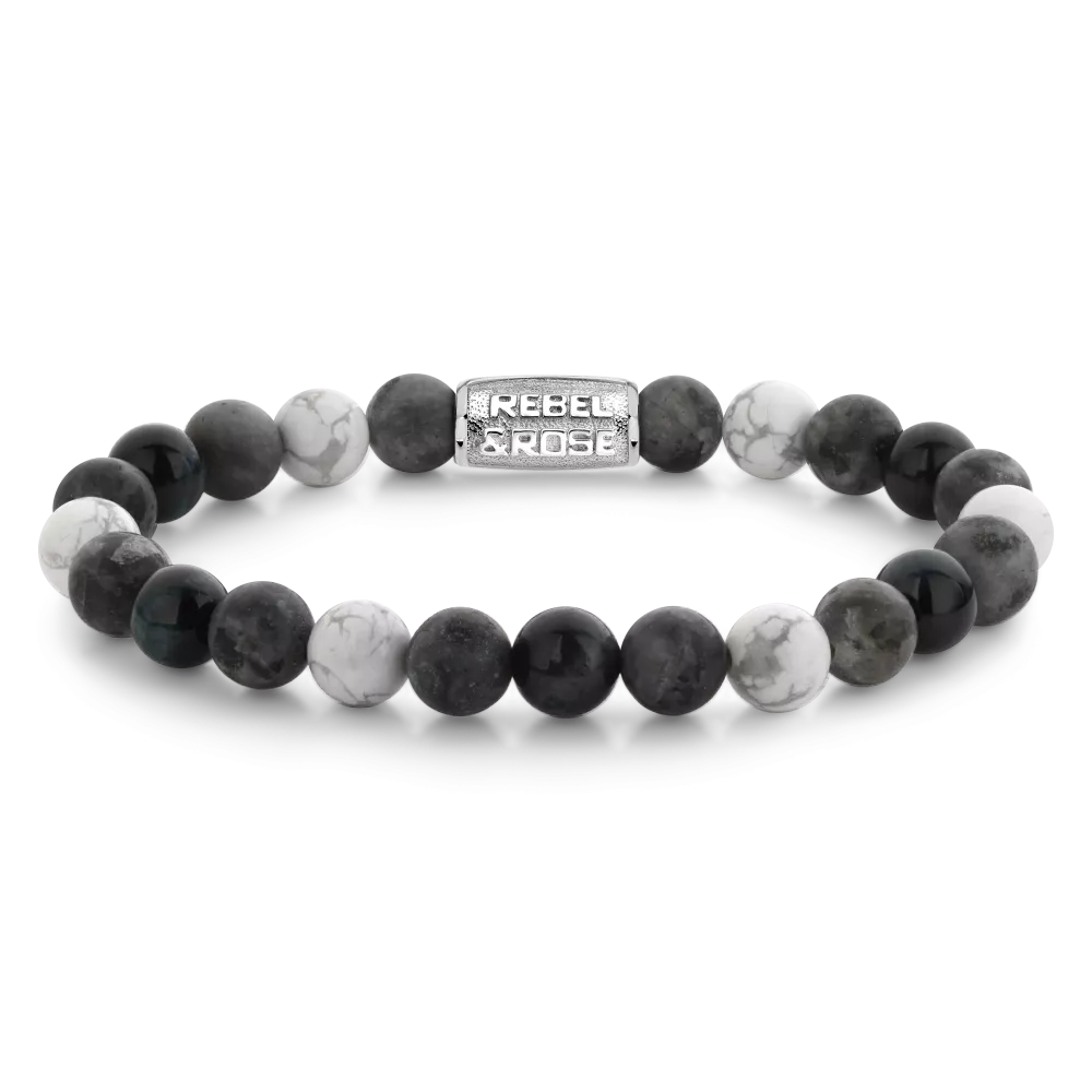 Bracciale da uomo con perle di 8 mm in marmo bianco e nero, con dettagli in metallo argentato.