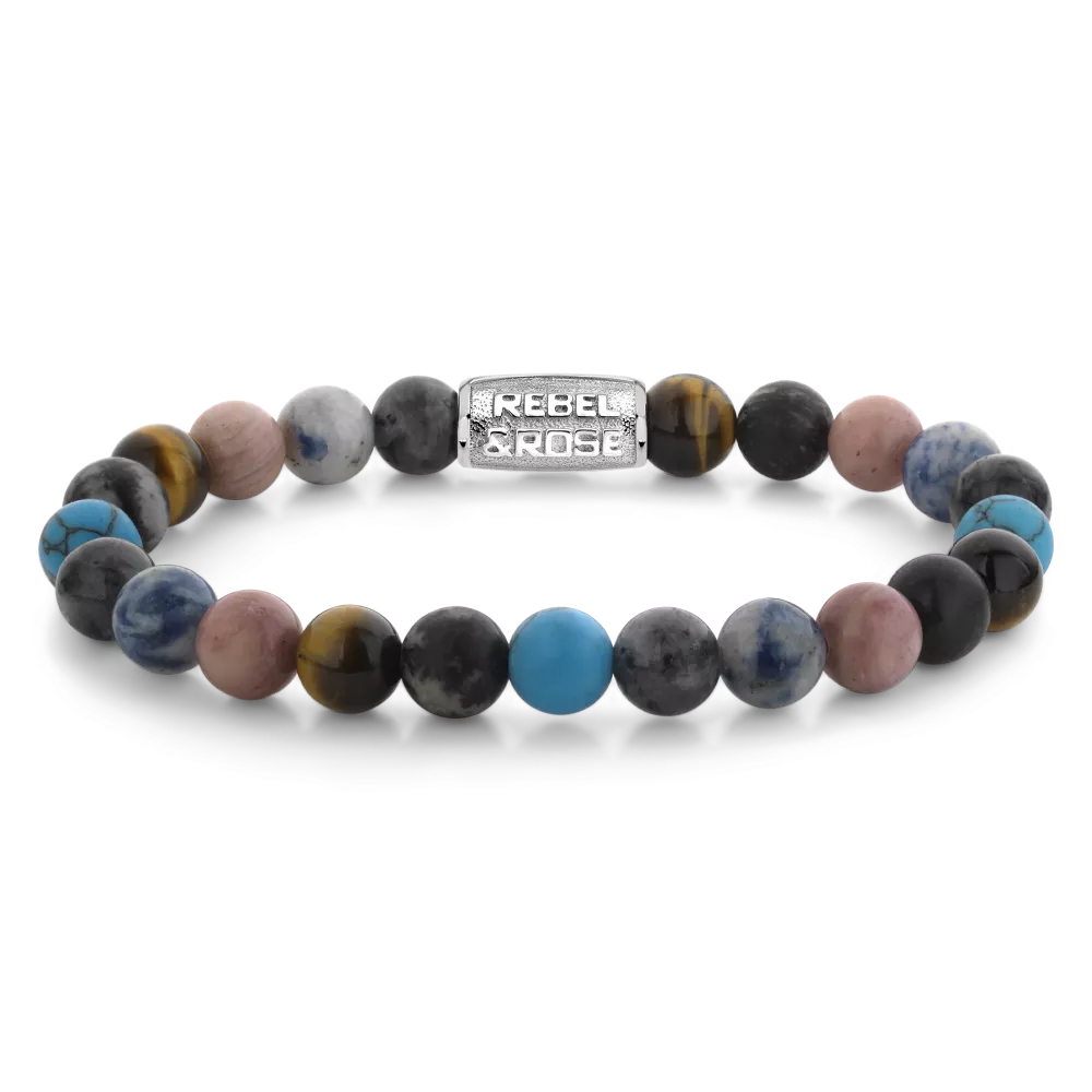 Bracciale da uomo con perle di 8 mm in corallo oceanico, blu, grigio e nero, con dettagli in metallo argentato.