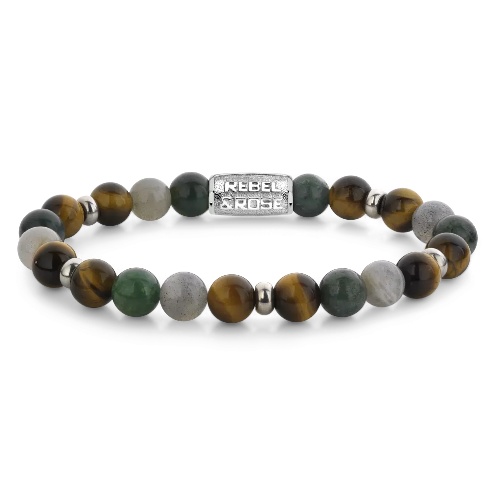 Bracciale da uomo con perle di 8 mm in tigre, giada e pietra grigia, dettagli in metallo argentato.
