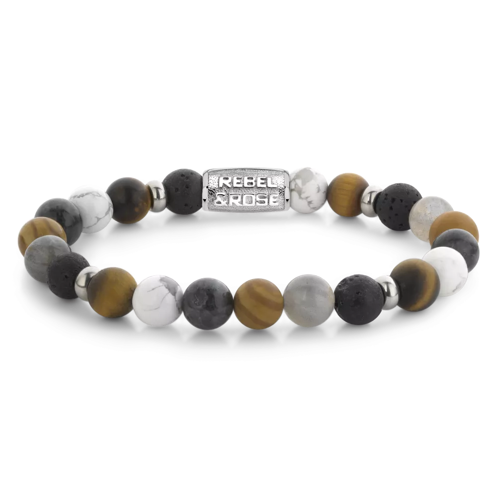 Heren kralenarmband van 8 mm met zwarte, grijze en witte stenen, afgewerkt met metalen tussenstukken.