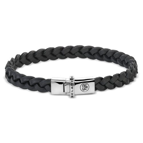 Bracciale da uomo in pelle intrecciata nera con chiusura in acciaio inox.