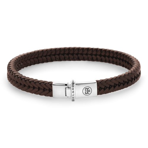 Bracciale in pelle intrecciata color cognac con chiusura in acciaio inox.