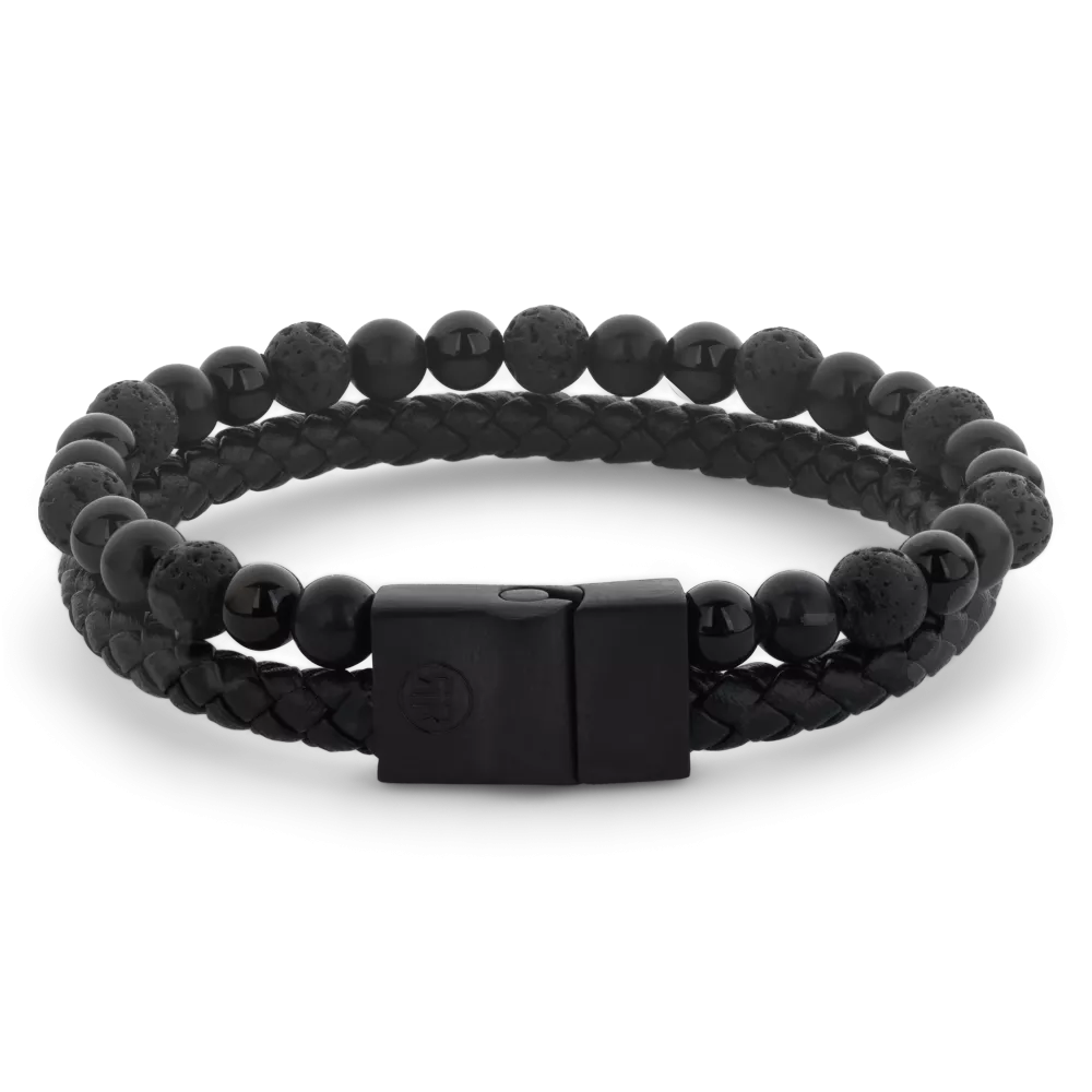 Bracciale da uomo in metallo e pietre nere, con perle di lava e chiusura in acciaio.
