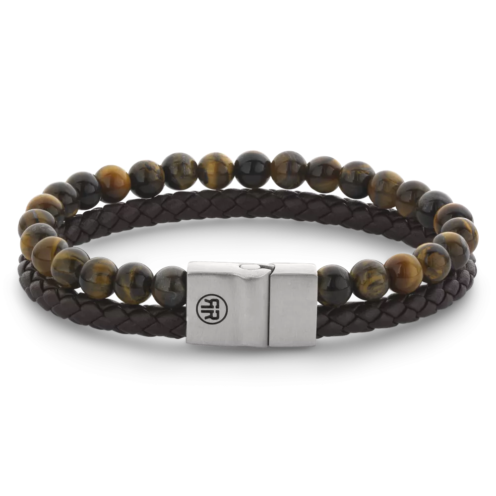 Bracciale da uomo in pelle intrecciata marrone con perle di occhio di tigre da 12 mm.