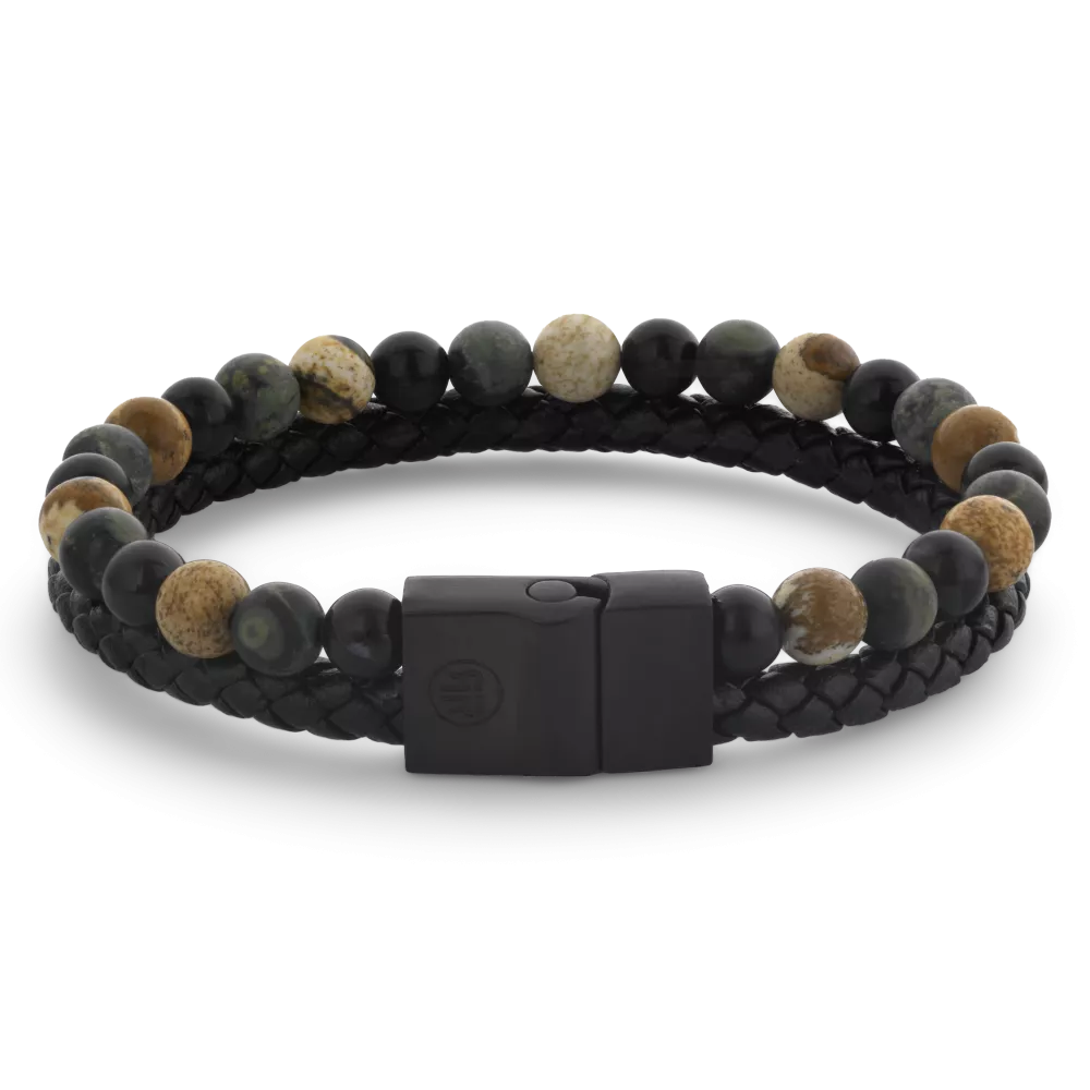 Bracciale da uomo in pelle intrecciata nera con perle multicolori di 12 mm.
