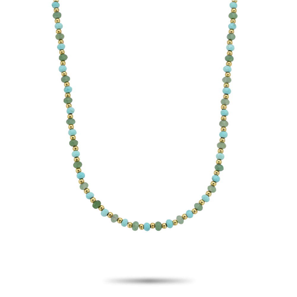 Collana avventurosa blu e verde con perle di 4 mm e dettagli dorati.