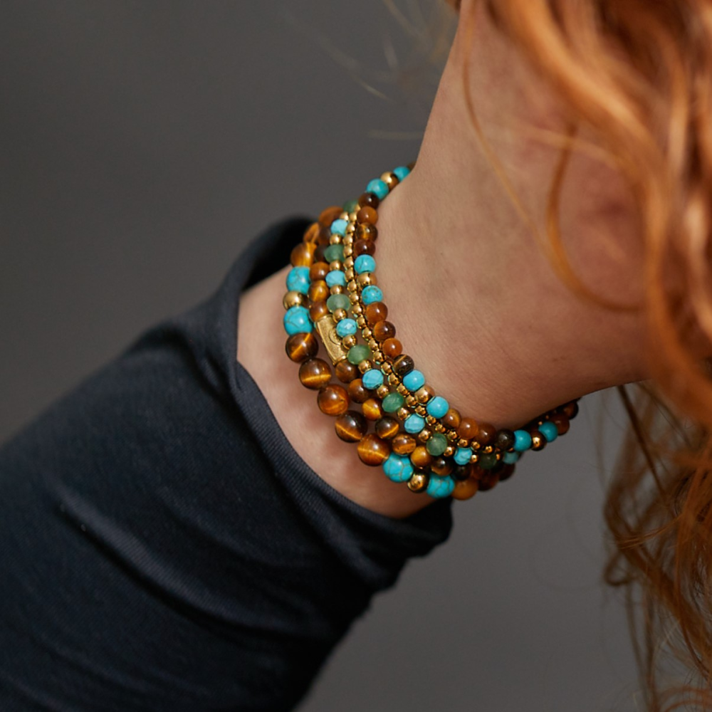 Blue Green Adventure - 18 ct yellow gold ionplated - 4mm - Bracciale a Perline Donna