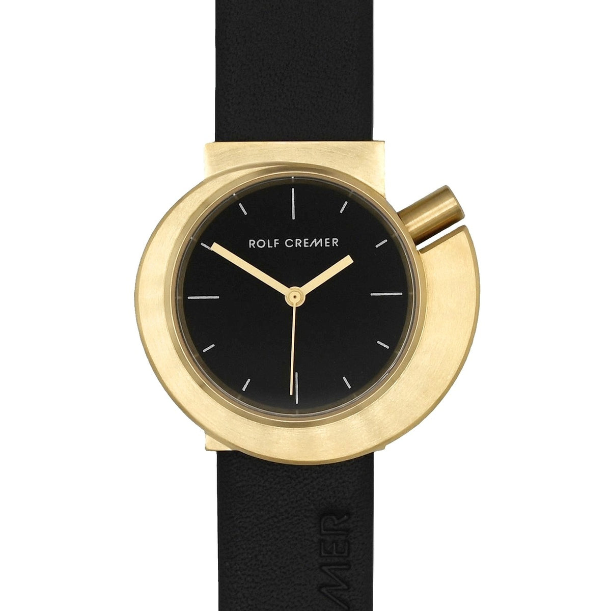 Orologio Rolf Cremer con cassa dorata, quadrante nero e cinturino in pelle nera.