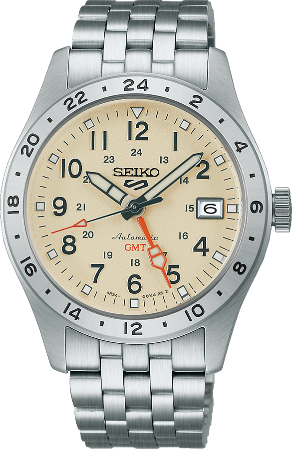 Orologio Seiko 5 Sport GMT con quadrante beige, cassa in acciaio inox e bracciale a maglia.