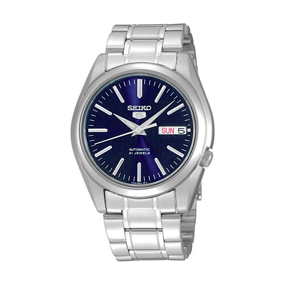 Orologio da uomo Seiko con cassa argentata, quadrante blu e bracciale in acciaio inox.