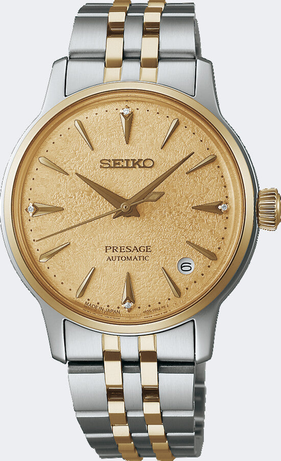 Orologio automatico Seiko Presage con quadrante dorato, cassa bicolore in acciaio e oro, bracciale a maglia rolò.