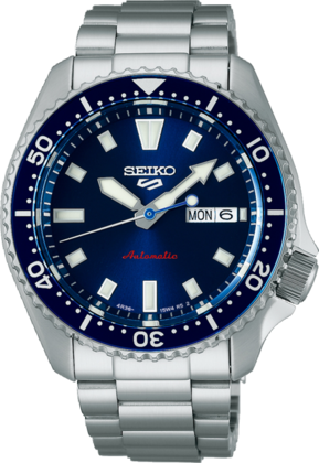 Orologio automatico Seiko 5 Sports con cassa in acciaio inox, quadrante blu e bracciale in acciaio.