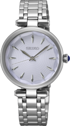 Orologio da donna Seiko con cassa argentata, quadrante bianco e bracciale in acciaio inox.