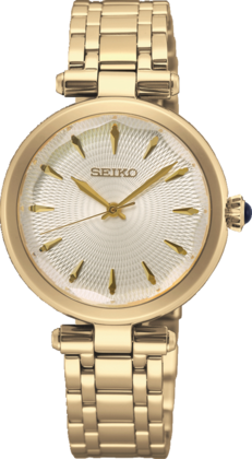 Orologio da donna Seiko con cassa dorata, quadrante argentato e bracciale in acciaio dorato.