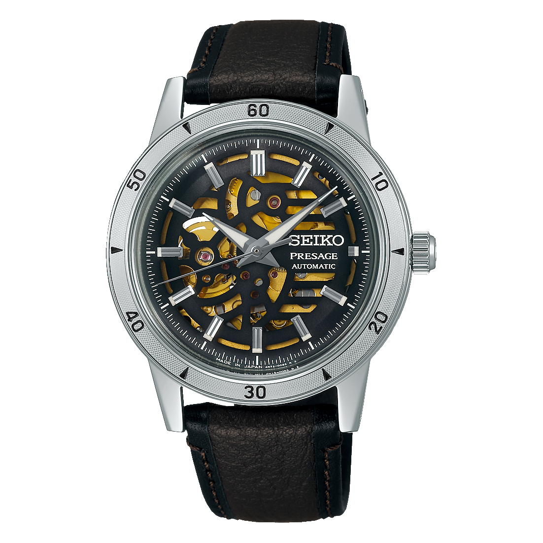 Orologio Seiko Presage SSA461J1 con cassa in acciaio, quadrante nero trasparente e cinturino in pelle marrone.