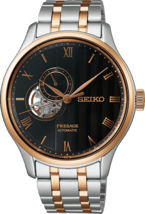Orologio automatico Seiko Presage con cassa in acciaio e dettagli in oro rosa, quadrante nero con indicazioni romane.