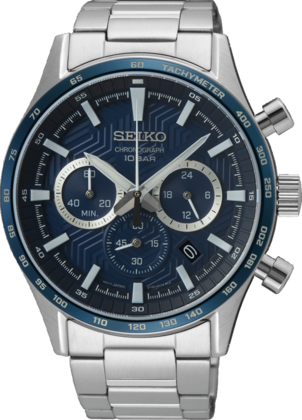 Orologio cronografo da uomo in acciaio con bracciale, quadrante blu e dettagli argentati.