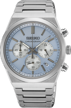 Orologio da uomo Seiko con cronografo, cassa in acciaio inox, quadrante blu chiaro e bracciale in acciaio.