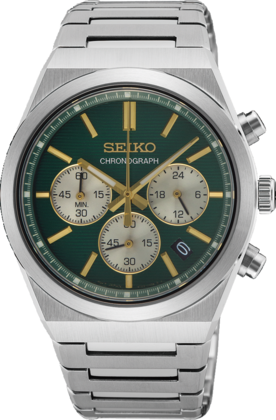 Orologio da uomo Seiko cronografo con cassa in acciaio inox, quadrante verde e dettagli dorati.