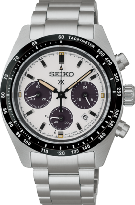 Orologio Seiko Prospex con cassa in acciaio inox, quadrante bianco e cronografi neri.