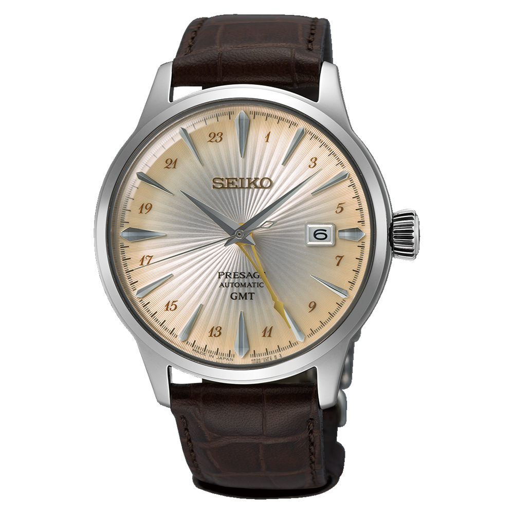 Orologio da uomo Seiko Presage con quadrante dorato, cassa in acciaio inox e cinturino in pelle marrone.
