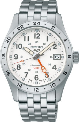 Orologio da uomo Seiko con cassa in acciaio inox, quadrante bianco, lancette blu e cinturino a maglia rolò.