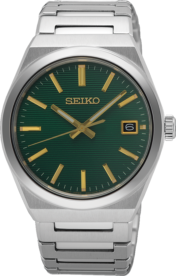 Orologio Seiko con quadrante verde, cassa in acciaio inox e bracciale a maglia rolò.