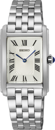 Orologio da donna Seiko con cassa rettangolare argentata e quadrante bianco con numeri romani.