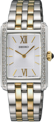 Orologio da donna Seiko con cassa rettangolare argentata e dorata, quadrante bianco con cristalli.
