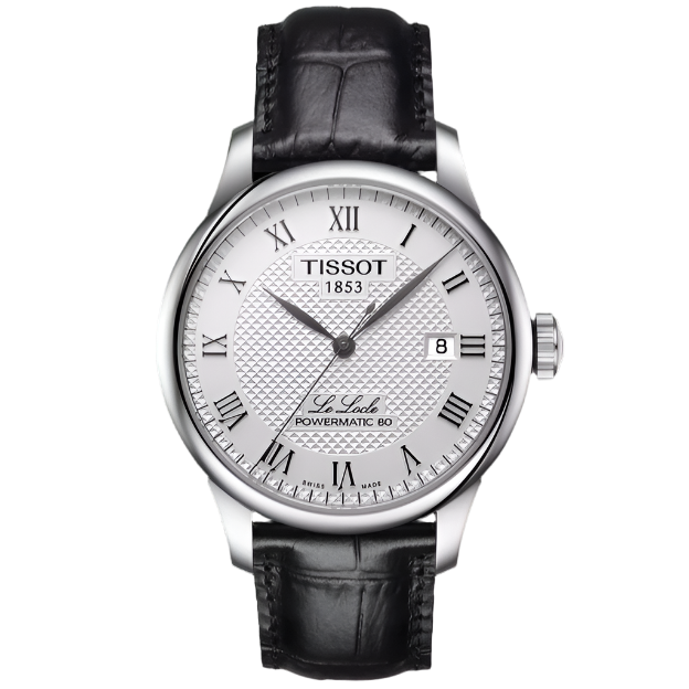 Orologio Tissot Le Locle con quadrante argentato, cassa in acciaio e cinturino in pelle nera.