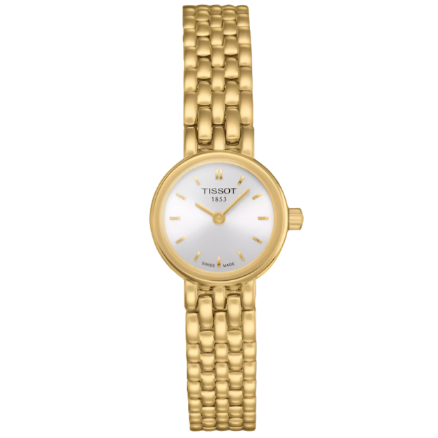 Orologio Tissot Lovely con cassa rotonda dorata, quadrante bianco e bracciale a maglia rolò.