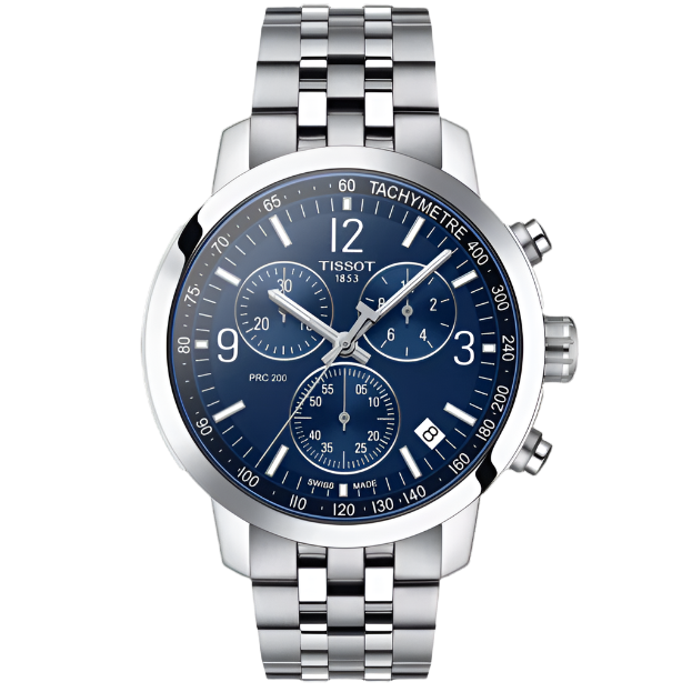 Orologio Tissot PRC 200 con cassa in acciaio inox, quadrante blu e bracciale a maglia rolò.