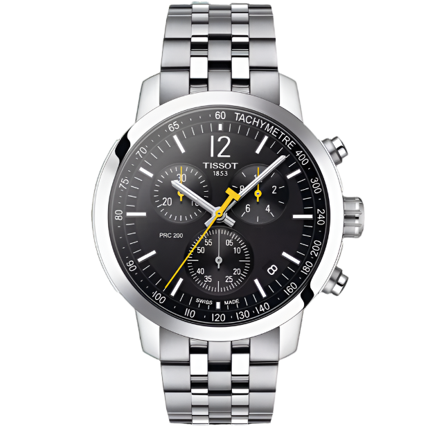 Orologio Tissot PRC 200 con cassa in acciaio inox, quadrante nero e bracciale in acciaio lucido.