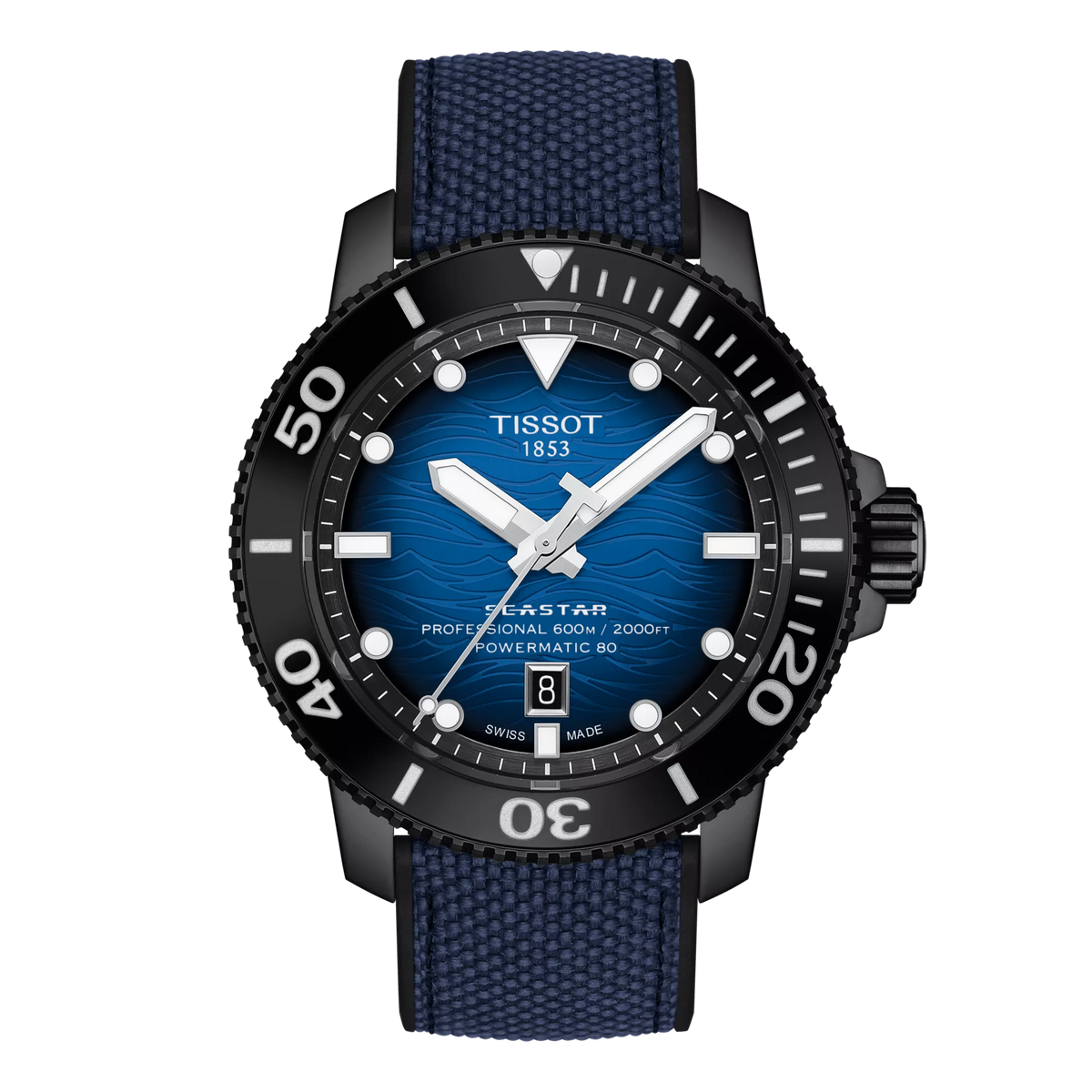 Orologio Tissot Seastar 2000 Professionale con quadrante blu, cassa nera e cinturino in tessuto.