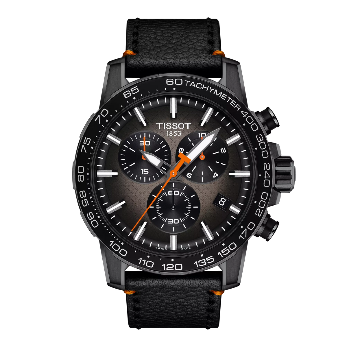 Orologio Tissot Supersport Chrono edizione Basketball con cassa nera, quadrante grigio e cinturino in pelle nera.